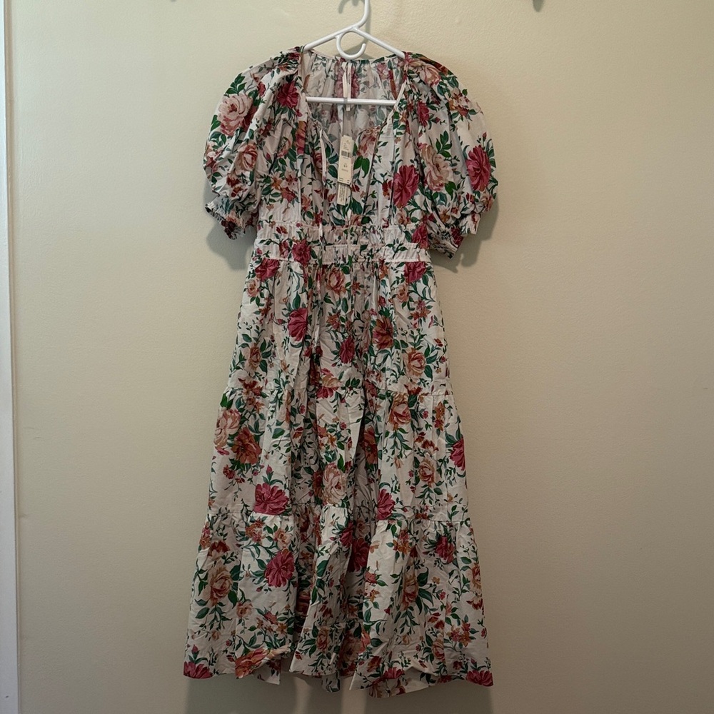 Anthropologie Floral Midi Dress with Puff Sleeves